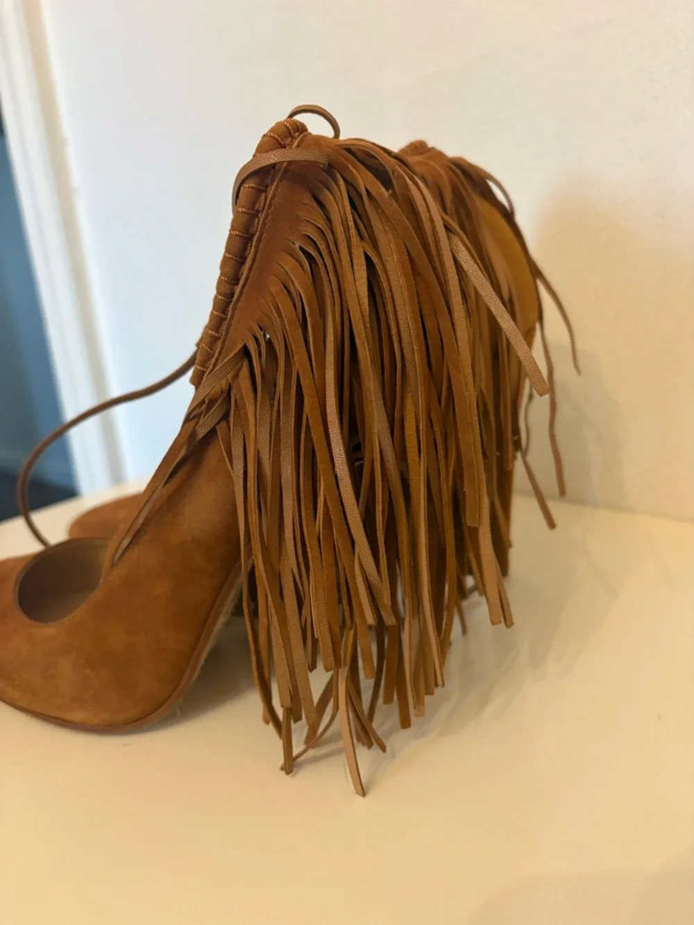 Zara Camel Suede Fringe Pointed-Toe Heels - Picture 3 of 5